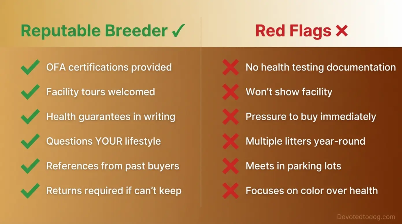 Two-column comparison of reputable breeder green flags versus red flags to avoid