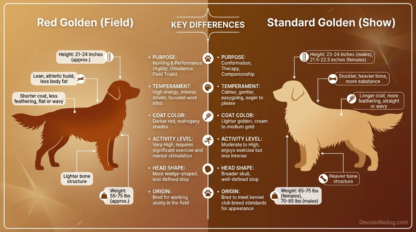 Side-by-side comparison of red field Golden versus standard show Golden