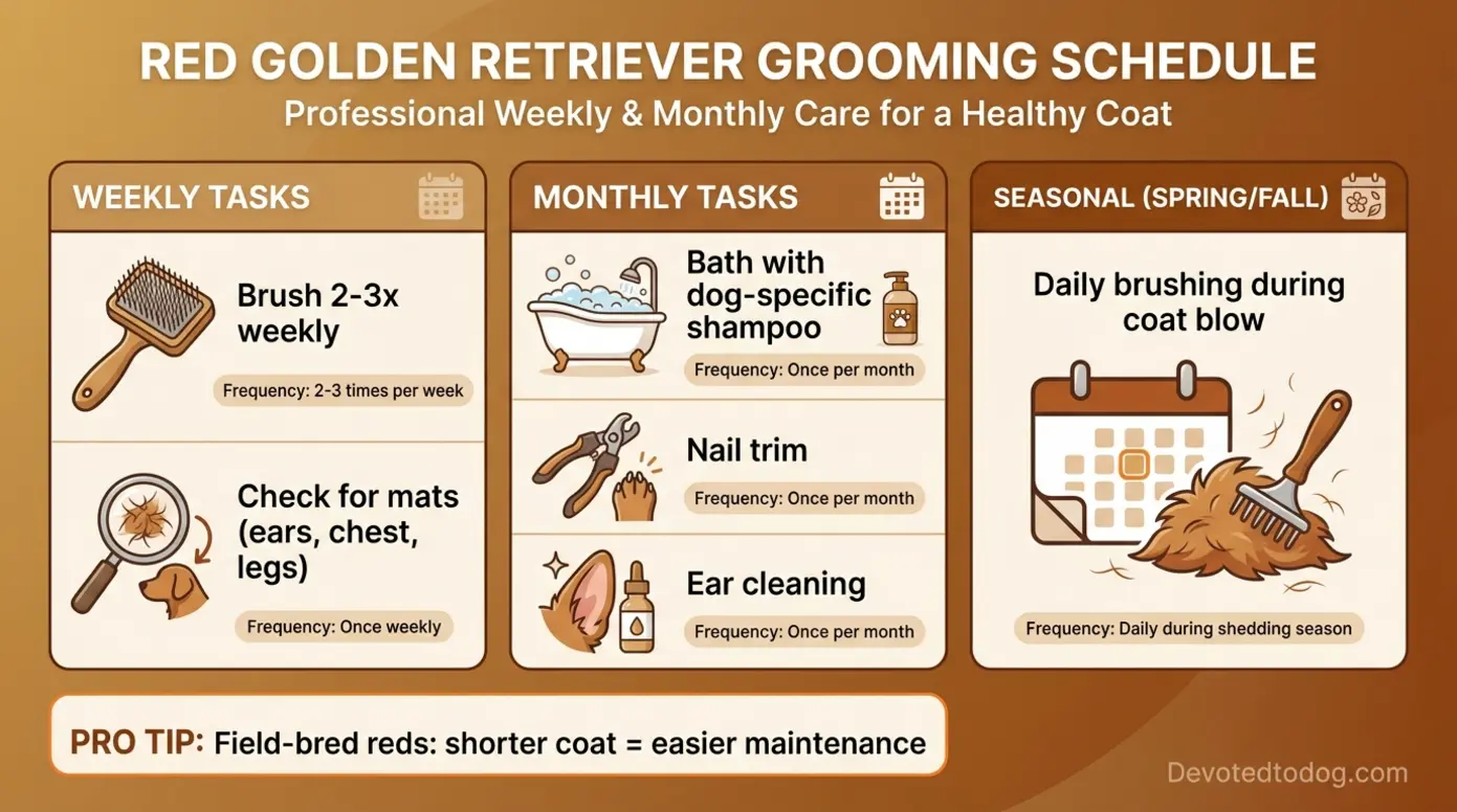 Grooming schedule showing weekly, monthly, and seasonal care tasks for red Goldens