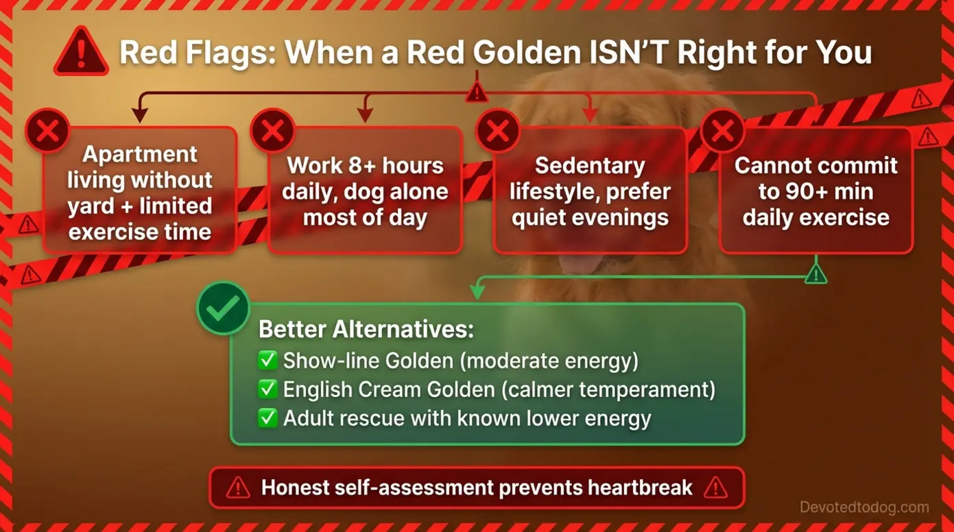 Warning infographic showing four lifestyle situations where red Goldens are poor fit