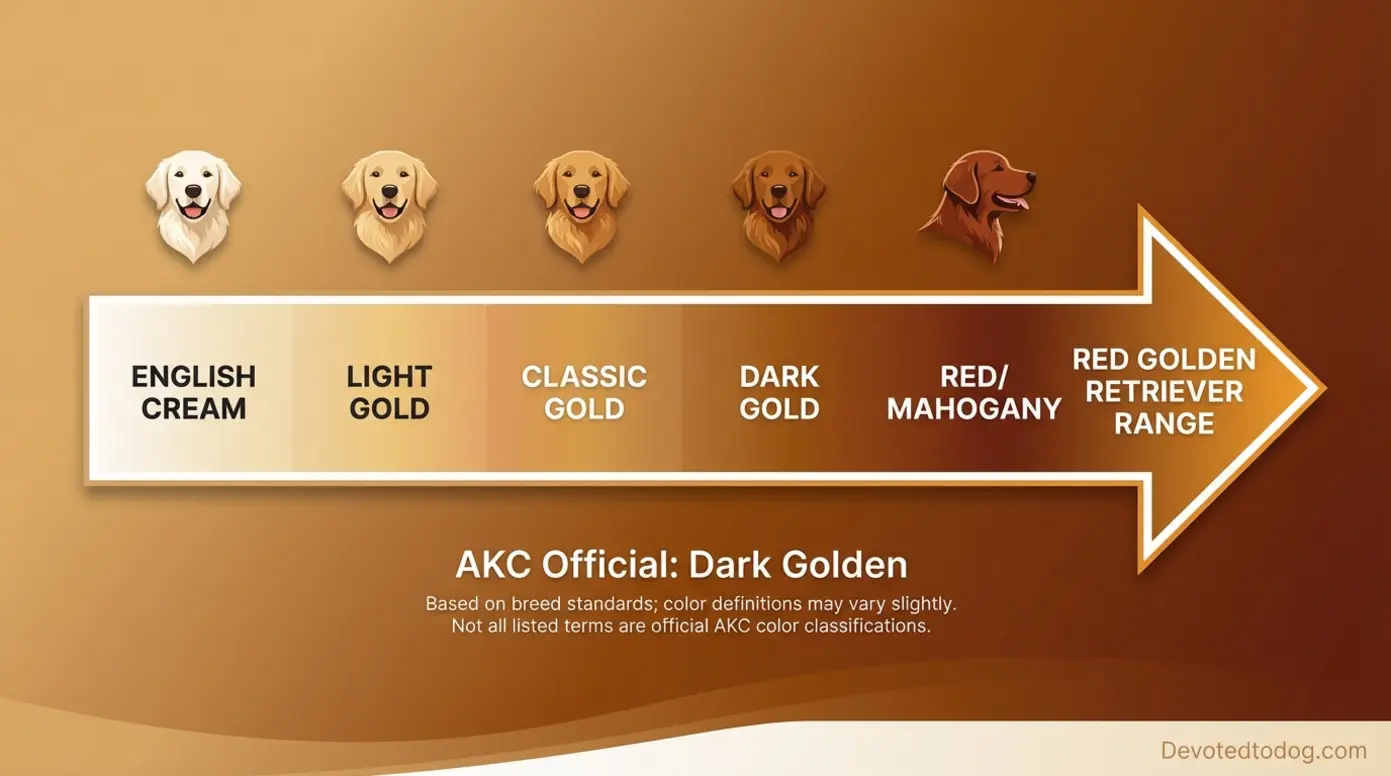 Coat color spectrum showing red Golden Retrievers at darkest end