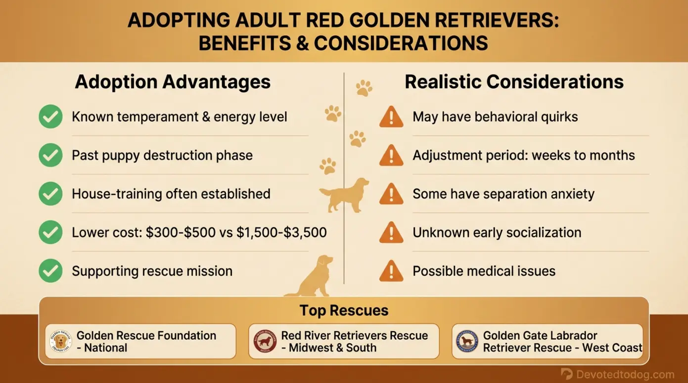 Two-column infographic showing adoption advantages and realistic considerations for rescue Red Goldens