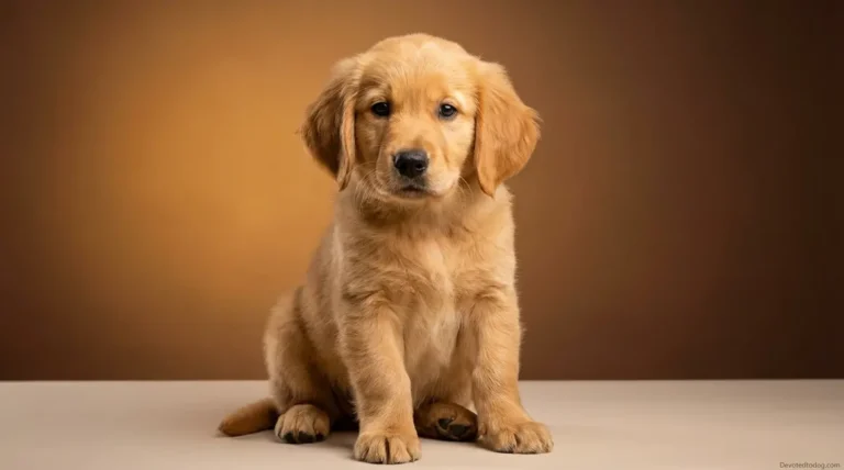 3 month old golden retriever puppy with fluffy coat and oversized floppy ears looking at camera