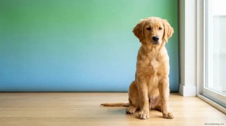 4 month old golden retriever puppy sitting with large paws showing classic gangly stage proportions