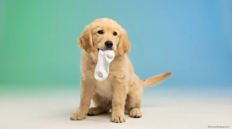 5 month old golden retriever puppy with sock in mouth showing classic teenage phase behavior