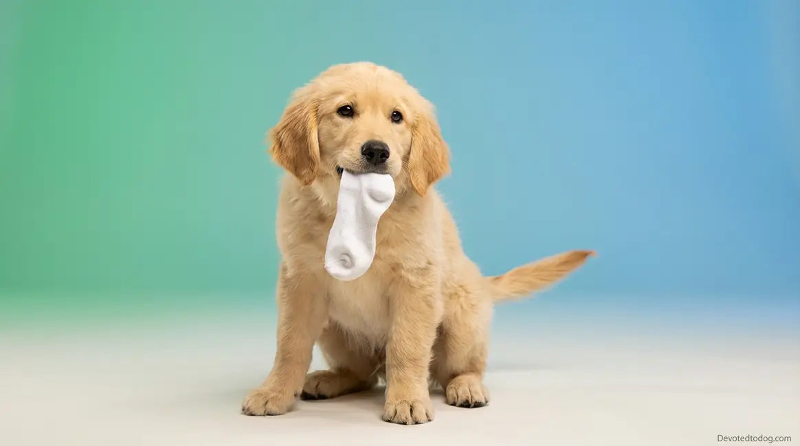 5 month old golden retriever puppy with sock in mouth showing classic teenage phase behavior