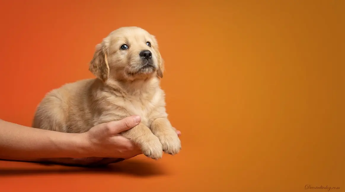 6 week old Golden Retriever puppy held in human hands against warm orange background