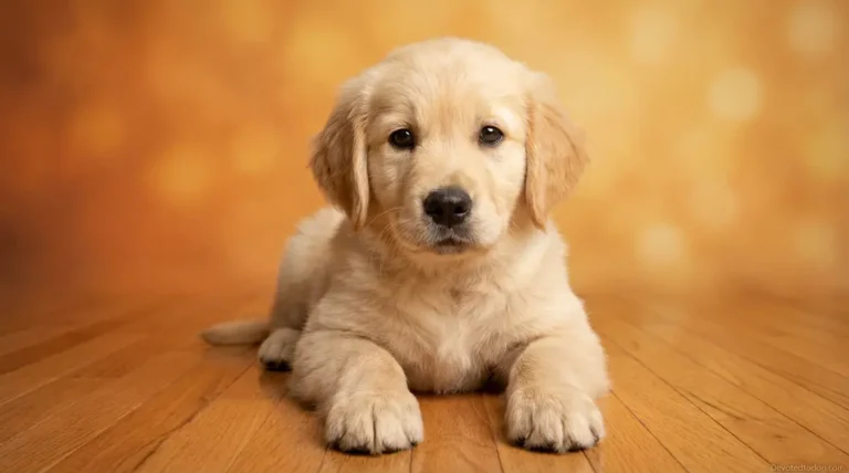 8 week old Golden Retriever puppy sitting and looking at camera with curious expression