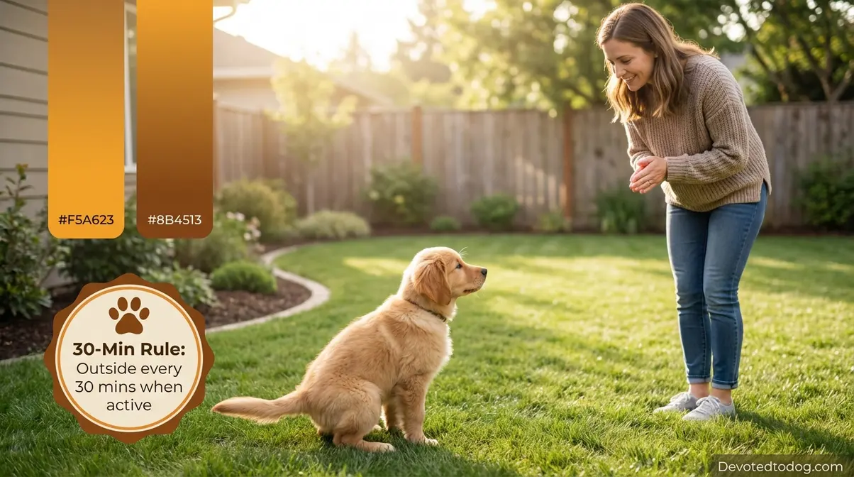 Golden Retriever puppy on grass in backyard during outdoor potty training with treat reward