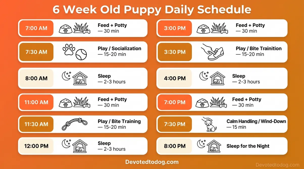 Daily schedule chart for a golden retriever puppy showing timed walks naps training and rest periods