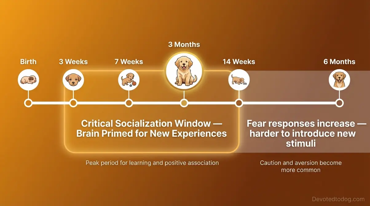 Golden retriever puppy socialization window timeline showing critical 3 to 16 week developmental period