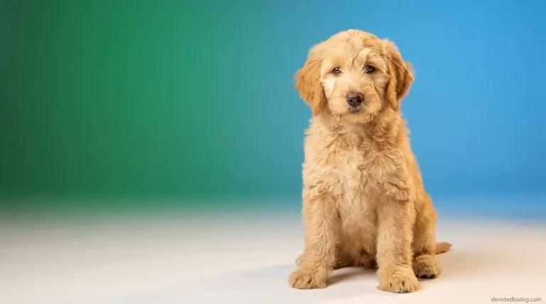 Fluffy 3 month old Goldendoodle puppy sitting and looking at camera with bright eyes