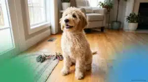 5-month-old Goldendoodle puppy sitting with curious expression showing typical developmental stage