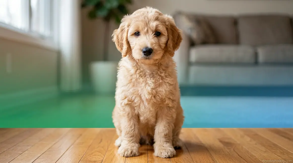 8 week old Goldendoodle puppy with apricot fur sitting and looking at camera