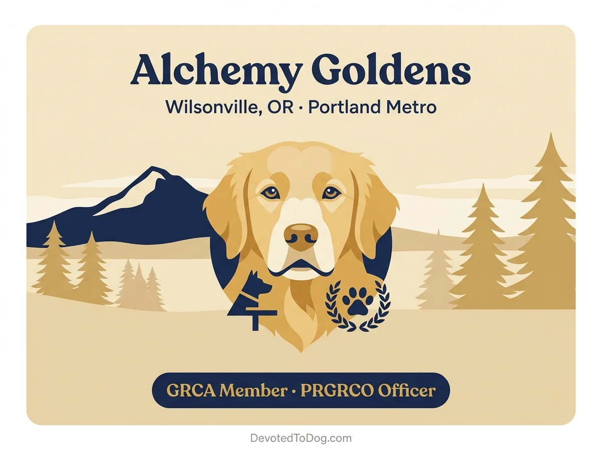 Alchemy Golden Retrievers editorial profile card showing Wilsonville Oregon location with Pacific Rim GRC officer credential
