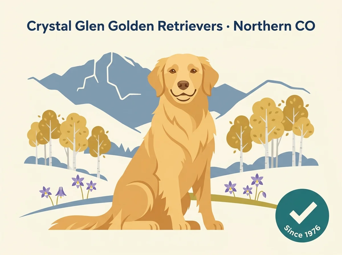 Crystal Glen Golden Retrievers editorial profile card showing tier rating, Northern Colorado location, and 50 years established credential