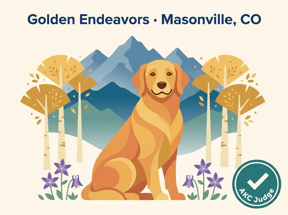 Golden Endeavors editorial profile card showing tier rating, Masonville Colorado location, and AKC Judge plus GRCA member credentials