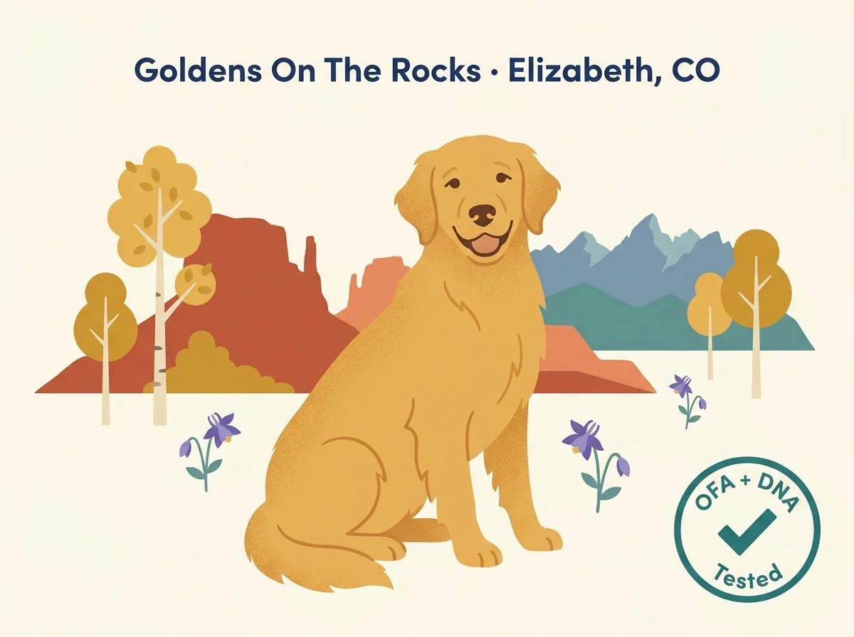 Goldens On The Rocks editorial profile card showing tier rating, Elizabeth Colorado location, and OFA all four plus DNA tested credentials