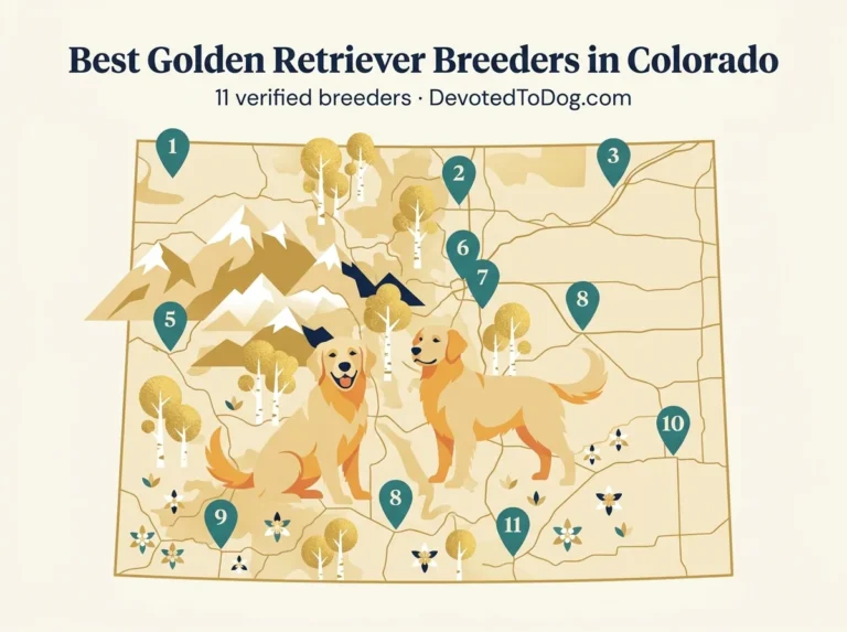 Editorial flat-vector map of Colorado with two golden retrievers, 11 numbered teal location pins, Rocky Mountain peaks, gold-leaf aspens, and columbine wildflowers. Title: Best Golden Retriever Breeders in Colorado. 11 verified breeders, DevotedToDog.com.
