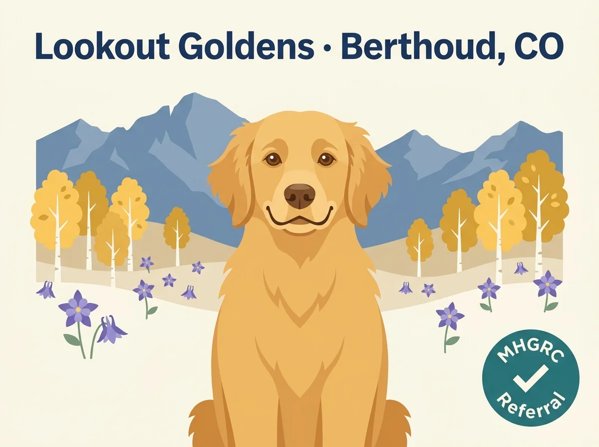 Lookout Goldens editorial profile card showing tier rating, Berthoud Colorado Boulder Front Range location, and MHGRC referral list credential