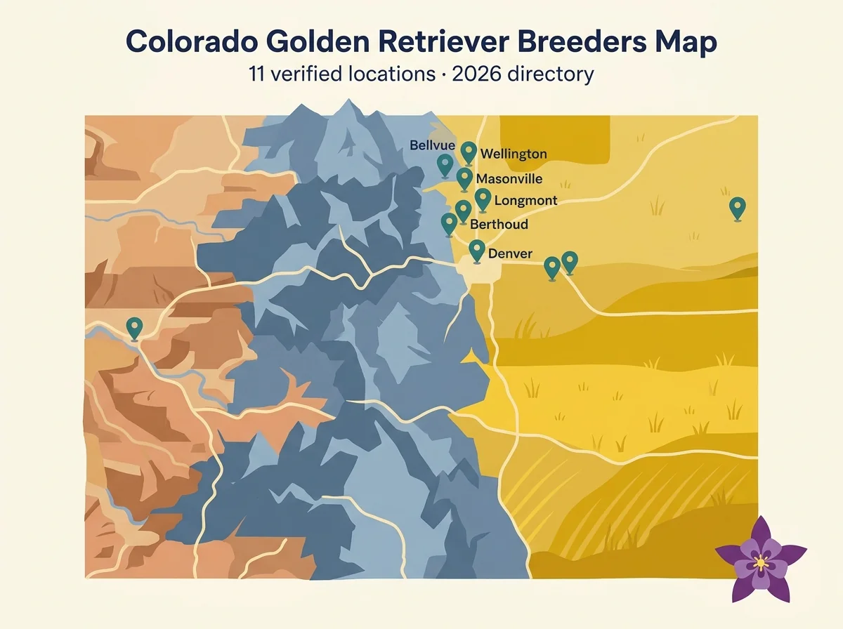 Map showing golden retriever breeder locations across Colorado including Denver, Longmont, Westminster, Elizabeth, Masonville, Berthoud, Wellington, Grand Junction, and Northeast Colorado plains