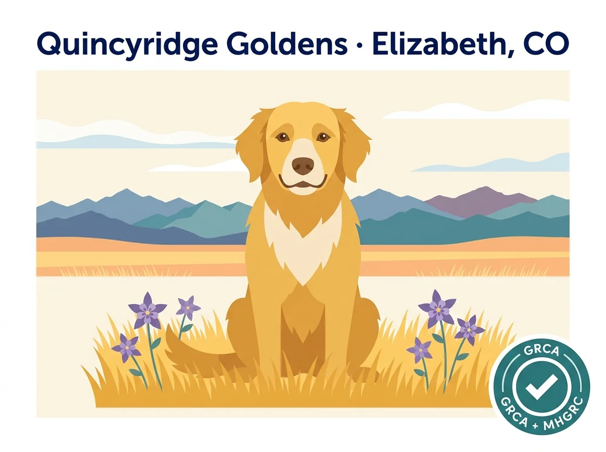 Quincyridge Goldens editorial profile card showing tier rating, Elizabeth Colorado location, and breeding since 1990 + GRCA + MHGRC credentials