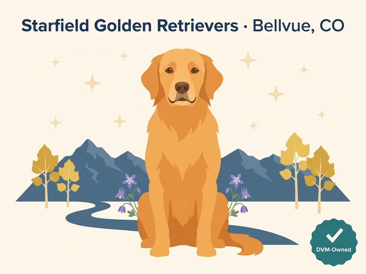 Starfield Golden Retrievers editorial profile card showing tier rating, Bellvue Colorado location, and DVM-owned breeder credential