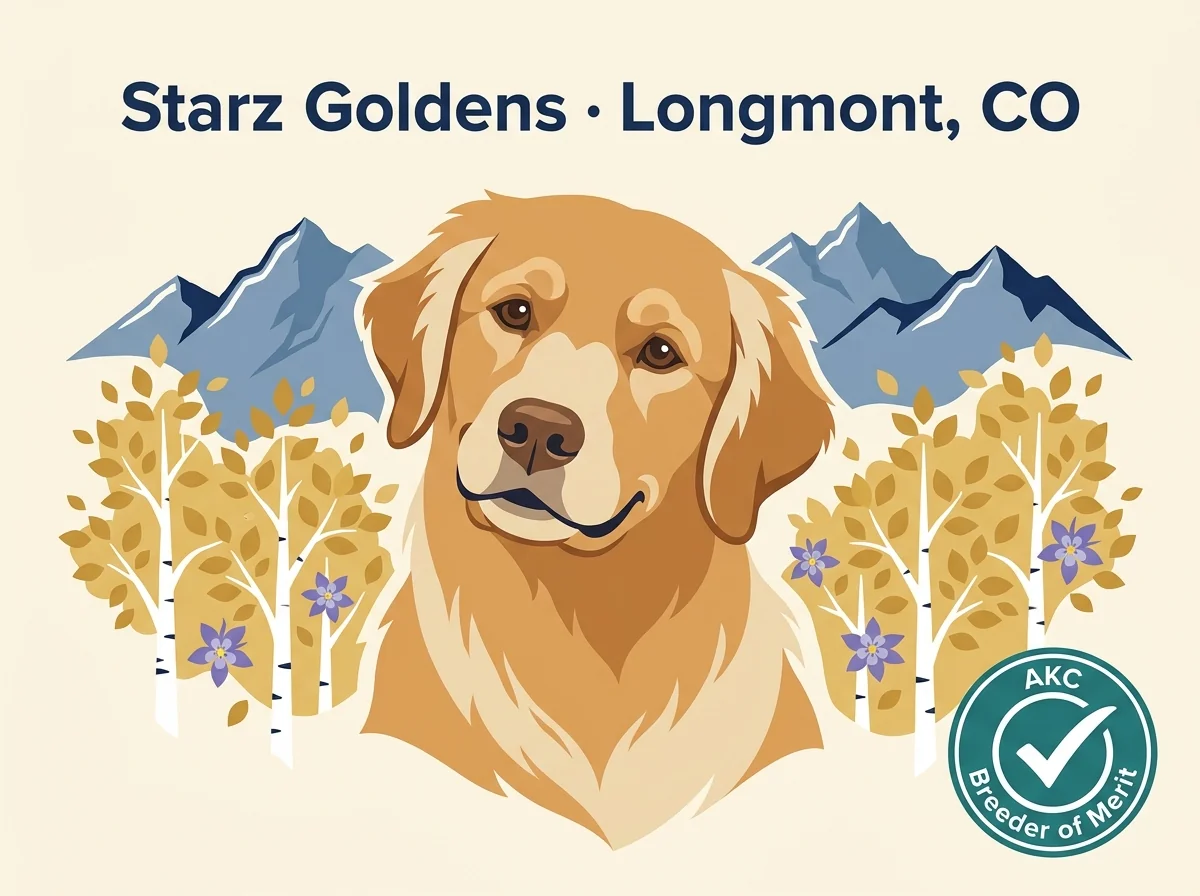 Starz Goldens editorial profile card showing tier rating, Longmont Colorado location, and AKC Breeder of Merit + GRCA yearbook editor credentials