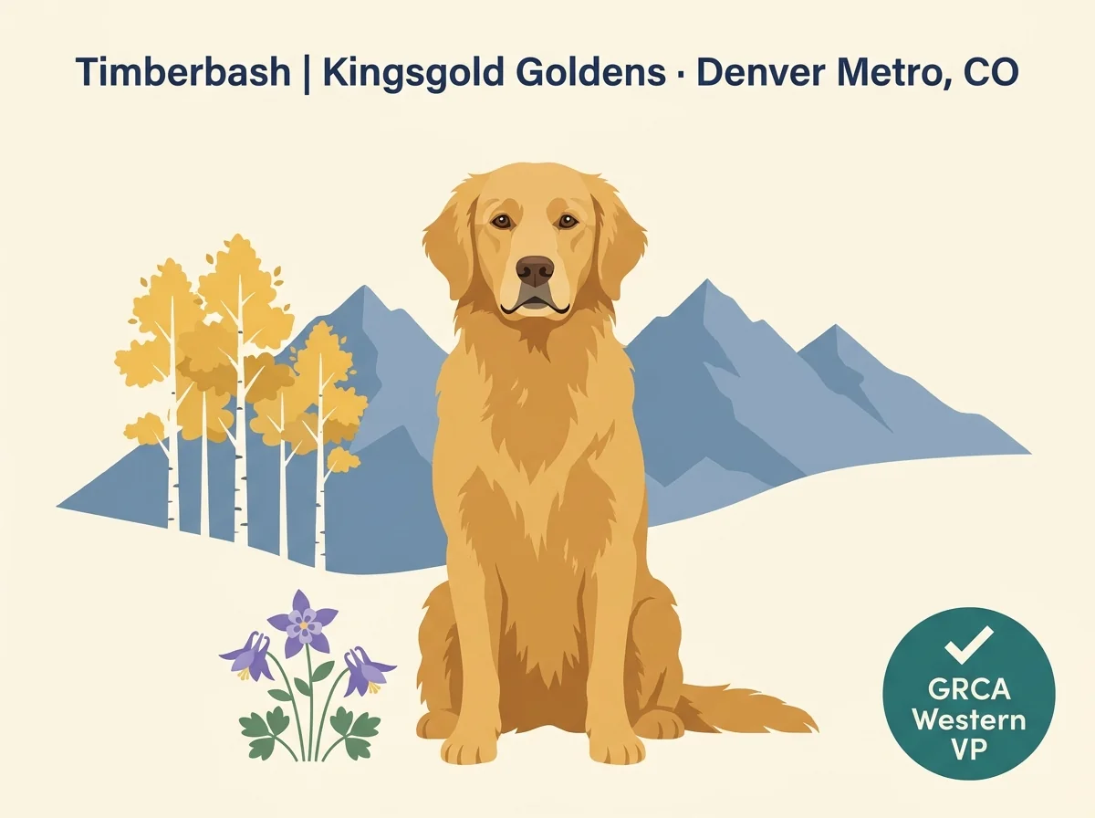 Timberbash Kingsgold Goldens editorial profile card showing tier rating, Denver Metro location, and GRCA Western Vice President credential