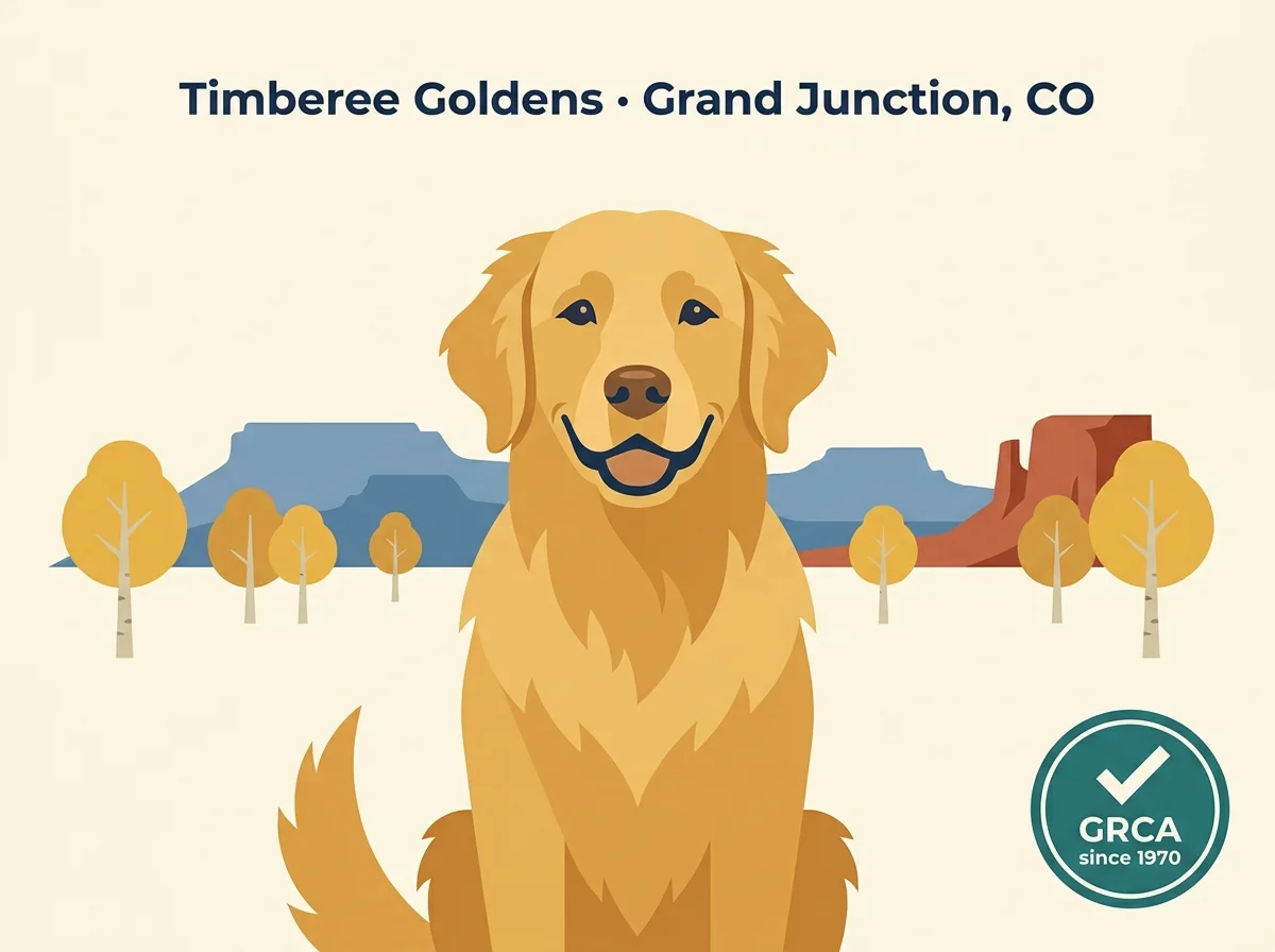 Timberee Goldens editorial profile card showing tier rating, Grand Junction Western Slope Colorado location, and 55+ years GRCA membership