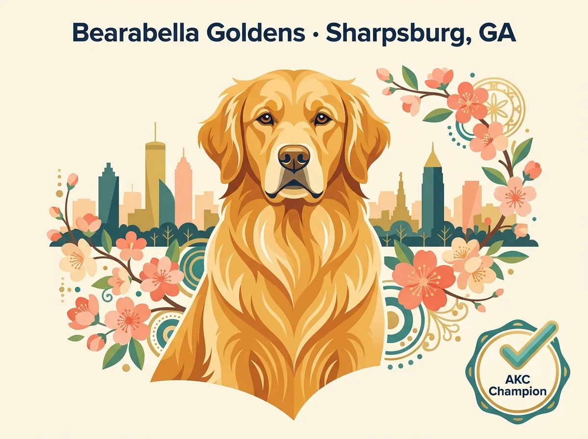 Bearabella Goldens editorial profile card with Atlanta metro skyline silhouette and AKC Champion verification badge.