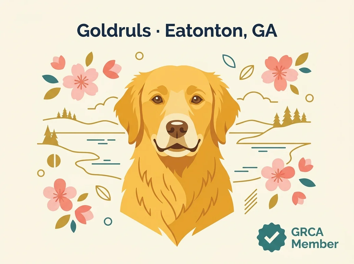 Goldruls Golden Retrievers editorial profile card with central Georgia lake silhouette and Atlanta GRC verification badge.
