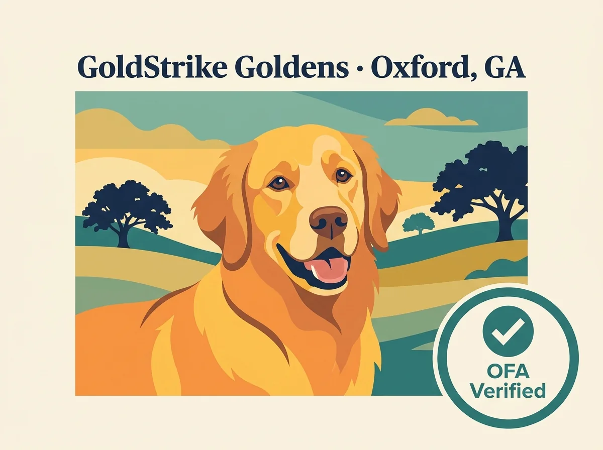 GoldStrike Goldens editorial profile card with east Atlanta verification badge and golden retriever portrait.