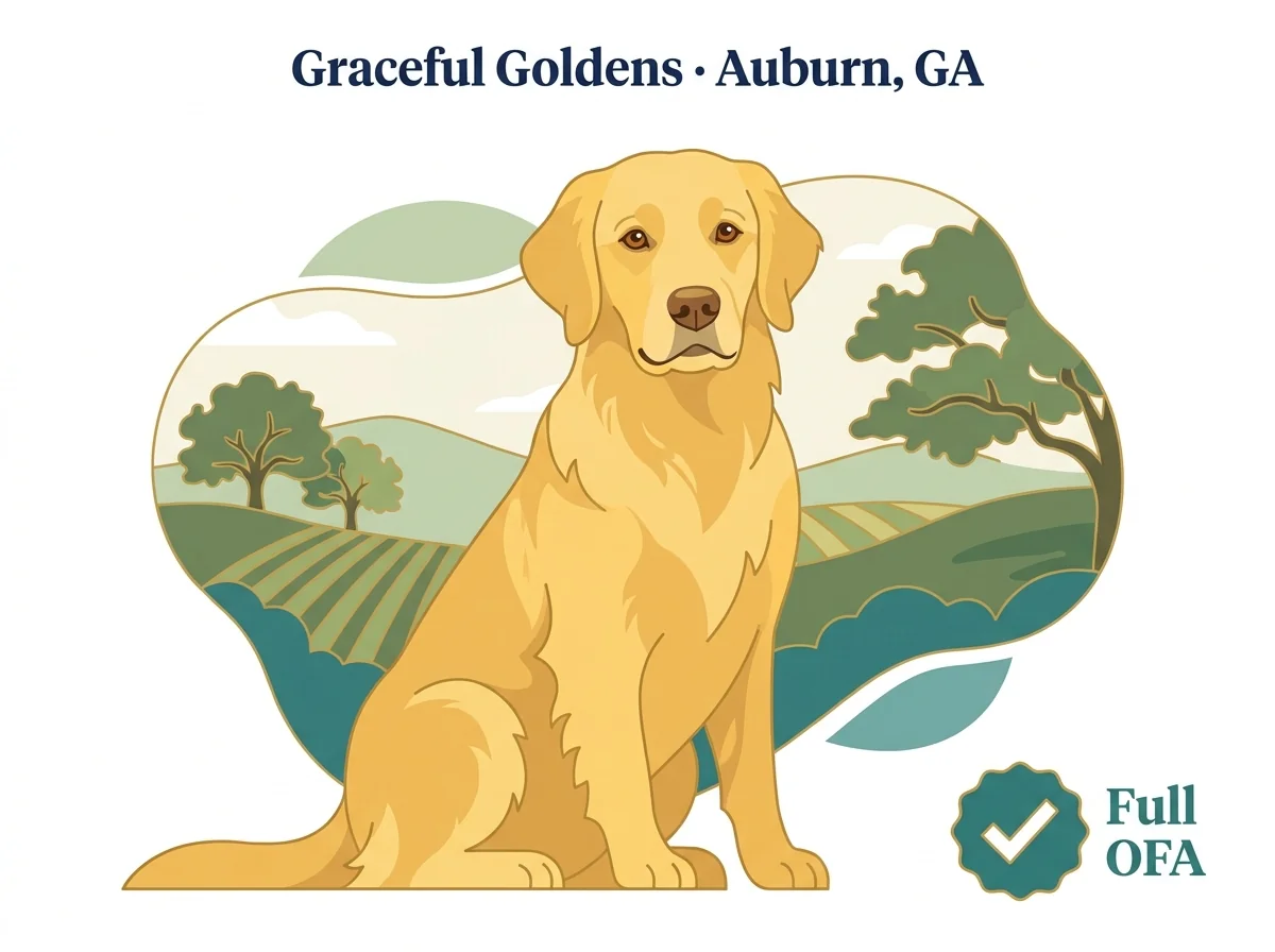 Graceful Golden Retrievers editorial profile card with northeast Georgia silhouette and full OFA testing badge.