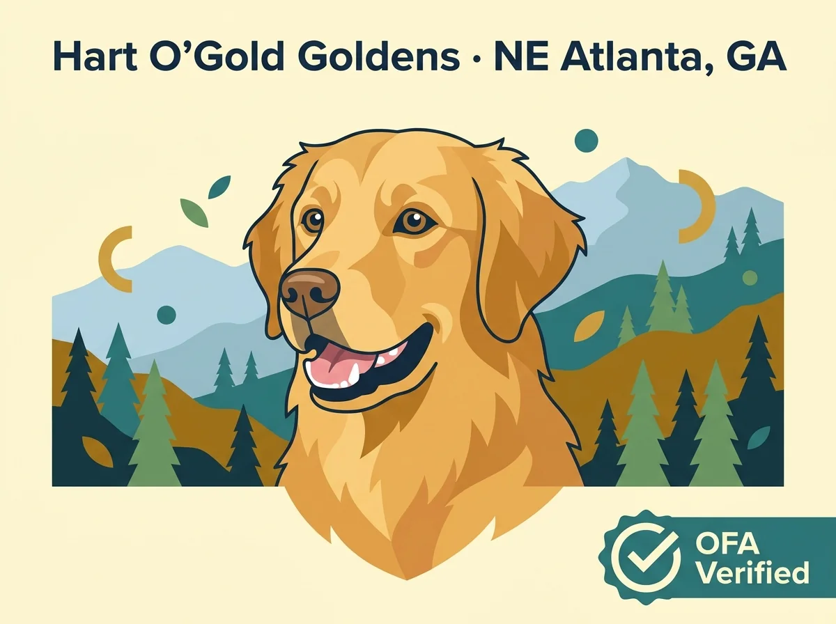 Hart O'Gold Goldens editorial profile card with Blue Ridge mountain silhouette and OFA verification badge.