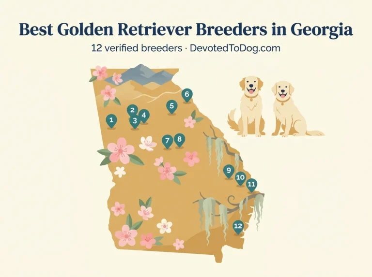 Editorial flat-vector map of Georgia with two golden retrievers, 12 numbered teal location pins across Atlanta metro, Northeast Georgia, central, west, and the coastal southeast; pink peach blossoms, Blue Ridge mountain silhouettes north, and Spanish moss draping in the coastal southeast. Title: Best Golden Retriever Breeders in Georgia. 12 verified breeders, DevotedToDog.com.