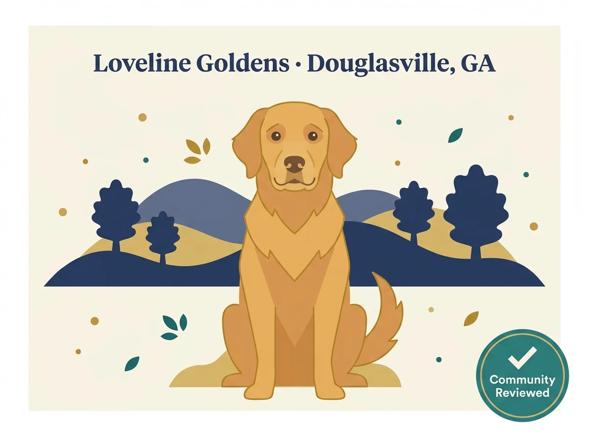 Loveline Golden Retrievers editorial profile card with West Georgia silhouette and golden retriever portrait.