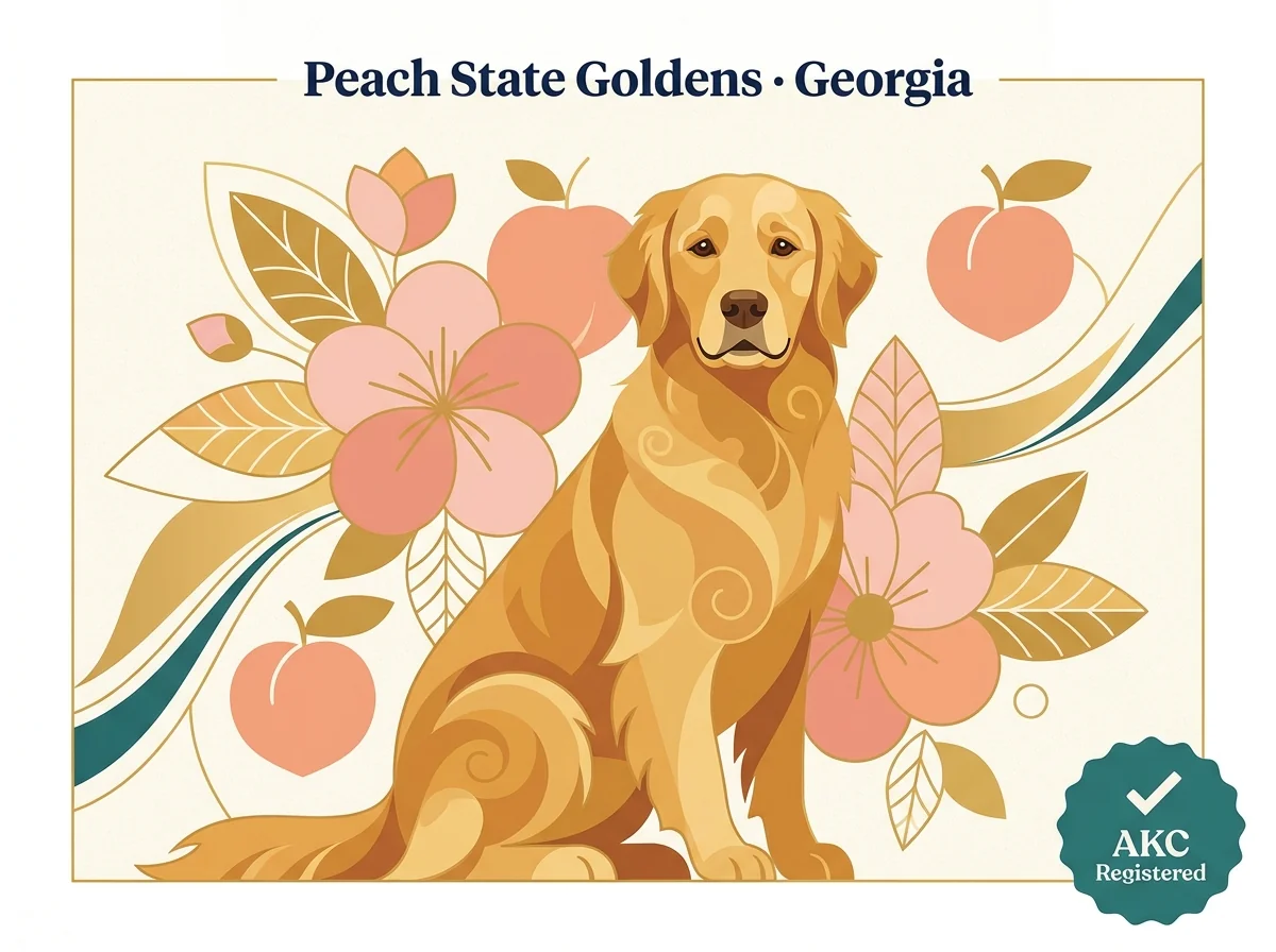 Peach State Goldens editorial profile card with Georgia peach blossom motif and OFA verification badge.