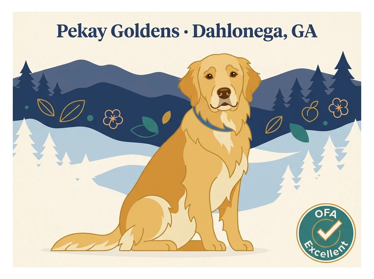 Pekay Golden Retrievers editorial profile card with Blue Ridge mountain silhouette and 50-year heritage badge.