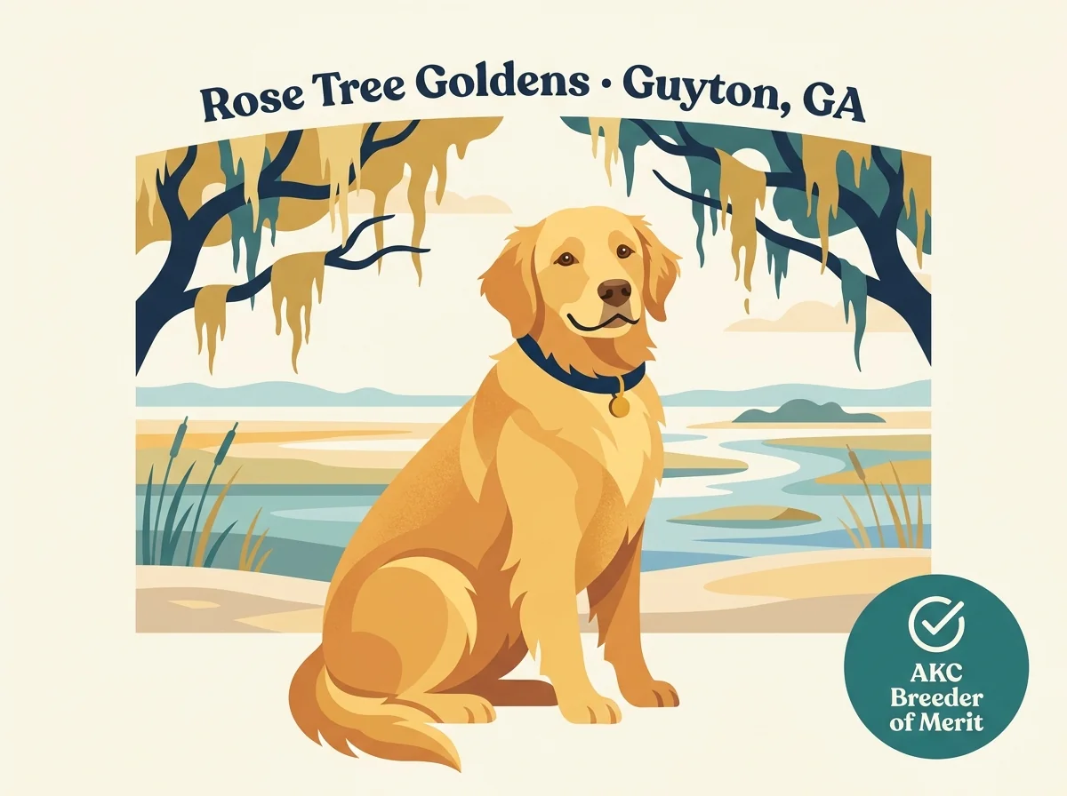 Rose Tree Goldens editorial profile card with AKC Breeder of Merit badge, Savannah coastal silhouette, and golden retriever portrait.
