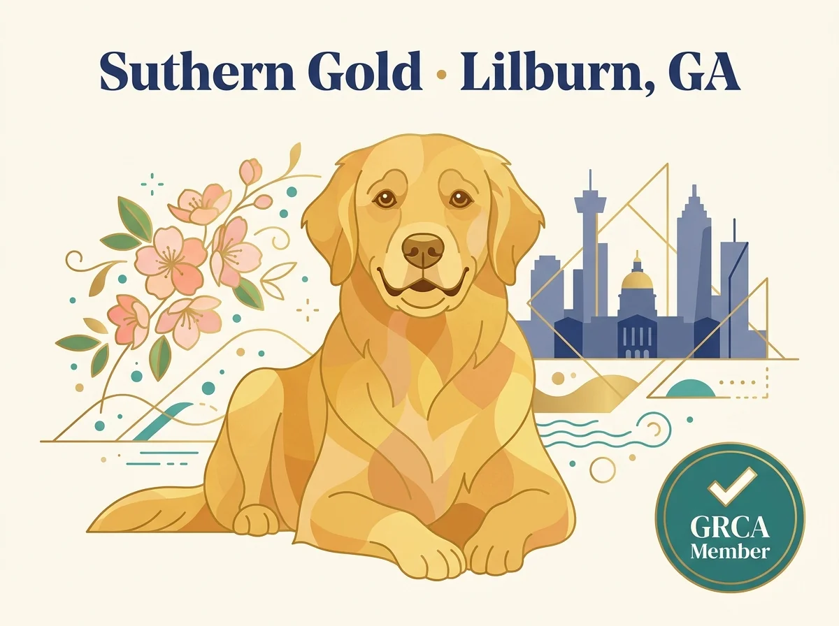 Suthern Gold Golden Retrievers editorial profile card with Atlanta GRC verification badge and gold accents.