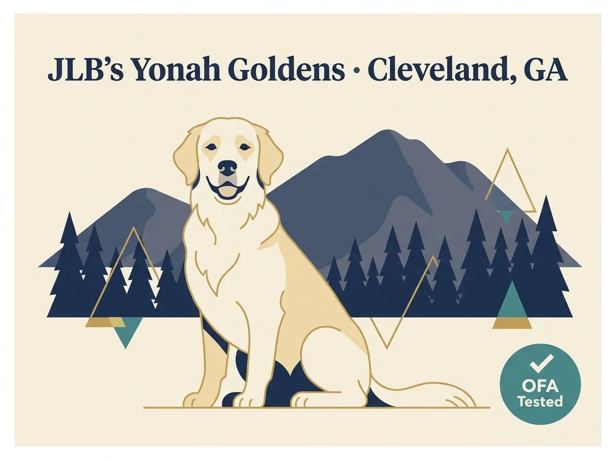 JLB's Yonah Goldens editorial profile card with North Georgia mountain landscape and English Cream golden retriever portrait.