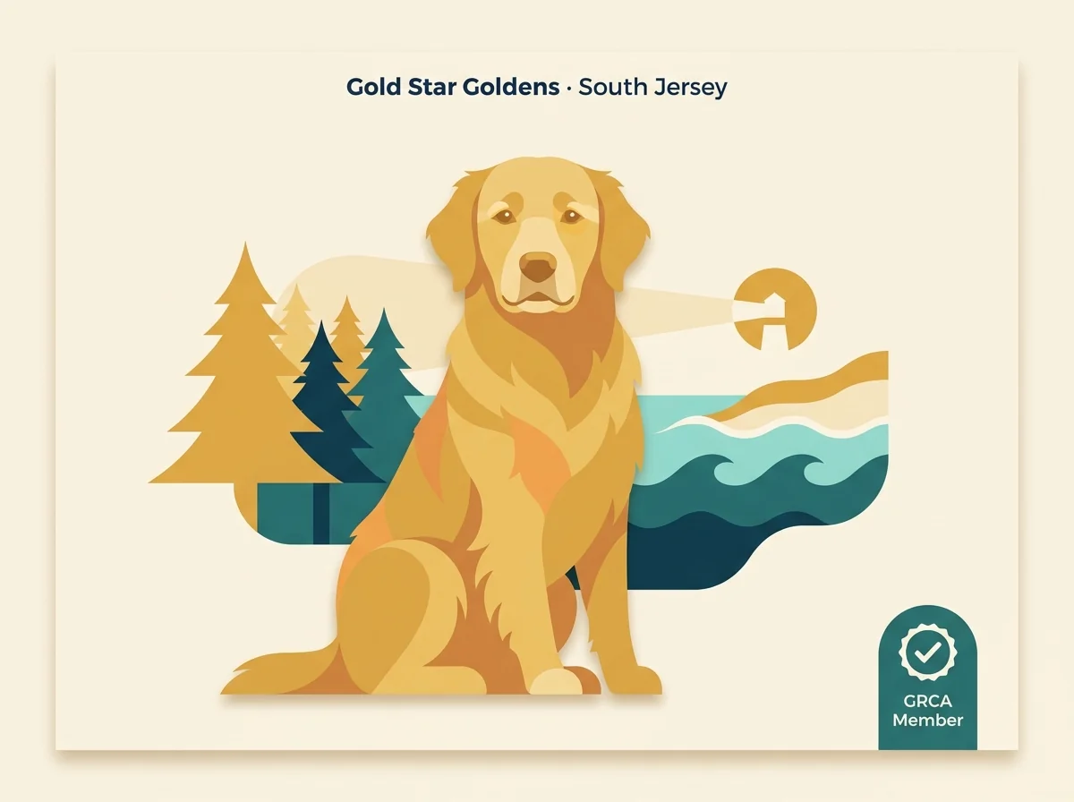 Editorial illustration of a golden retriever for Gold Star Goldens in South Jersey with GRCA Member badge