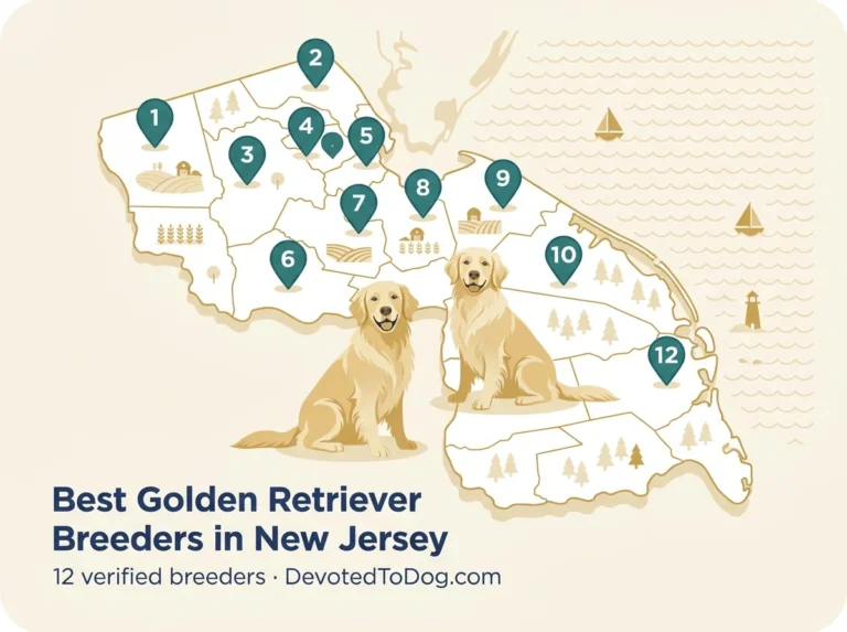 Map of New Jersey showing 12 verified golden retriever breeders.
