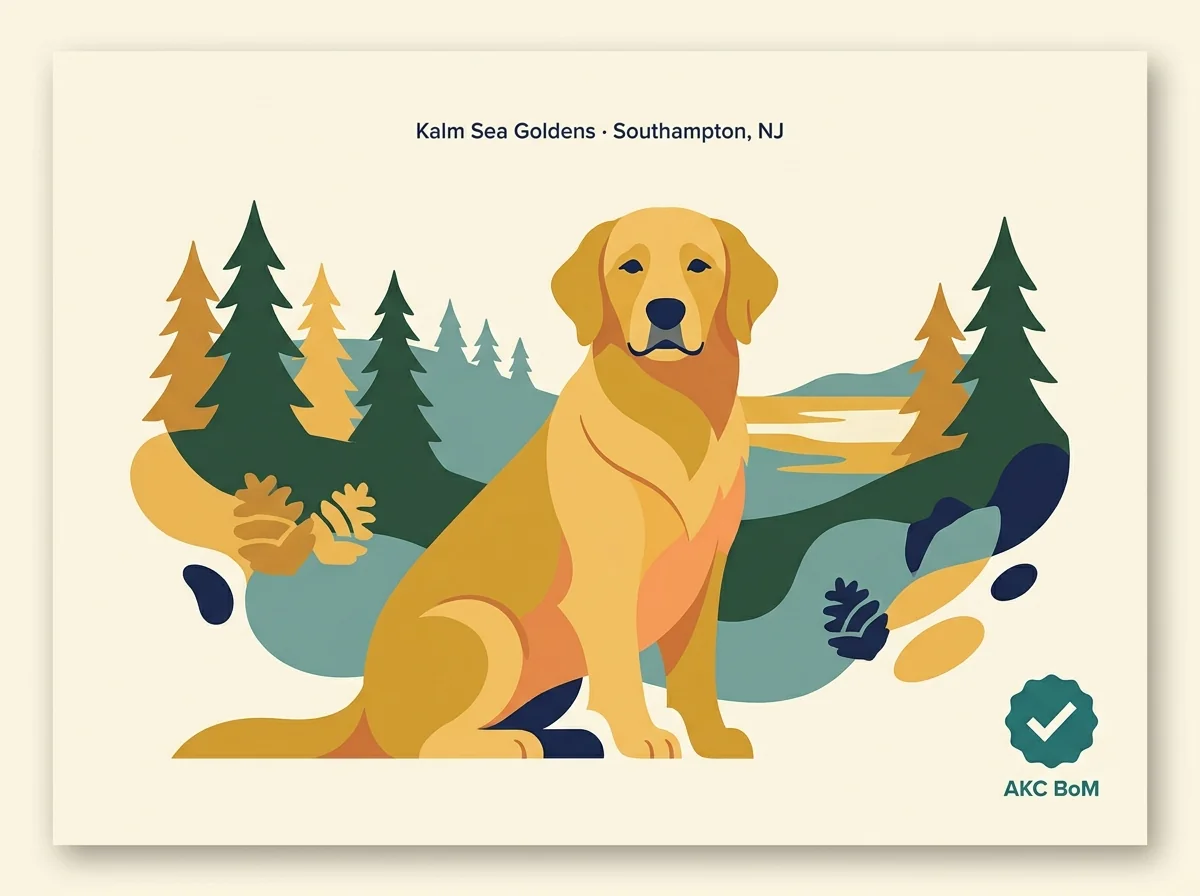 Editorial illustration of a golden retriever for Kalm Sea Goldens in Southampton, New Jersey with AKC Breeder of Merit badge