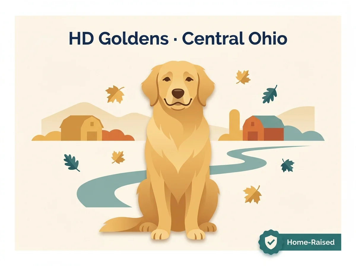 Editorial illustration of a golden retriever with rolling Ohio farmland representing HD Goldens home-raised program in central Ohio
