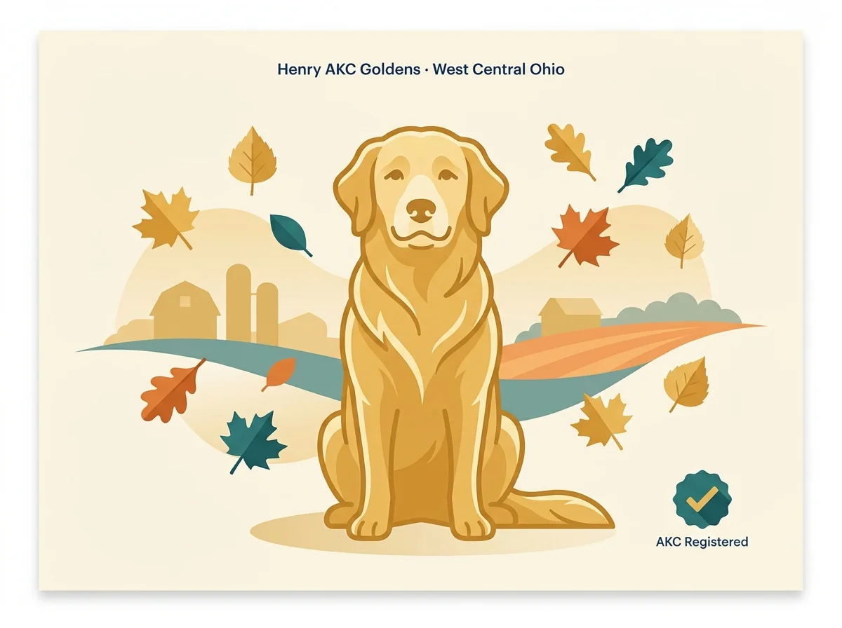 Editorial illustration of a golden retriever with autumn leaves representing Henry AKC Goldens in west central Ohio