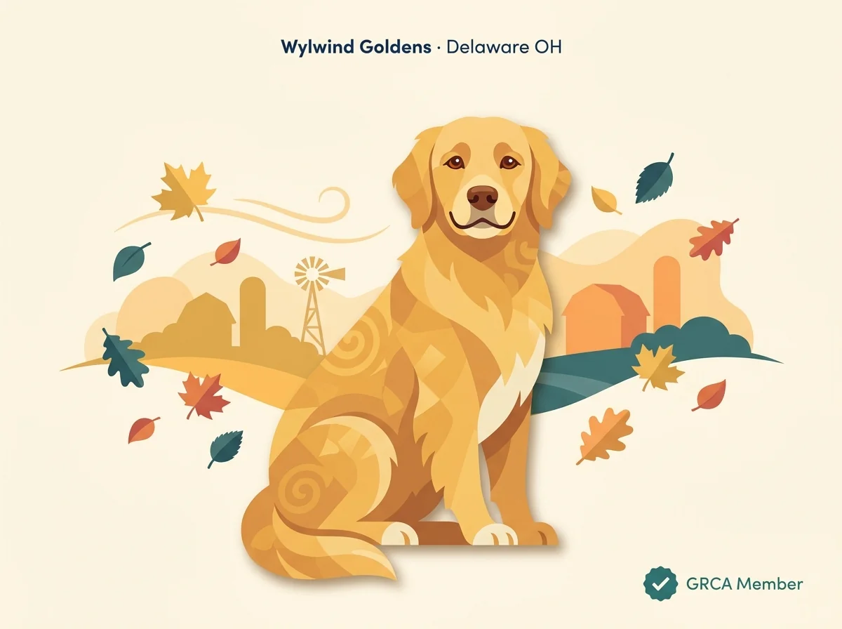 Editorial illustration of a golden retriever with autumn leaves and Ohio farmland representing Wylwind Goldens in Delaware Ohio