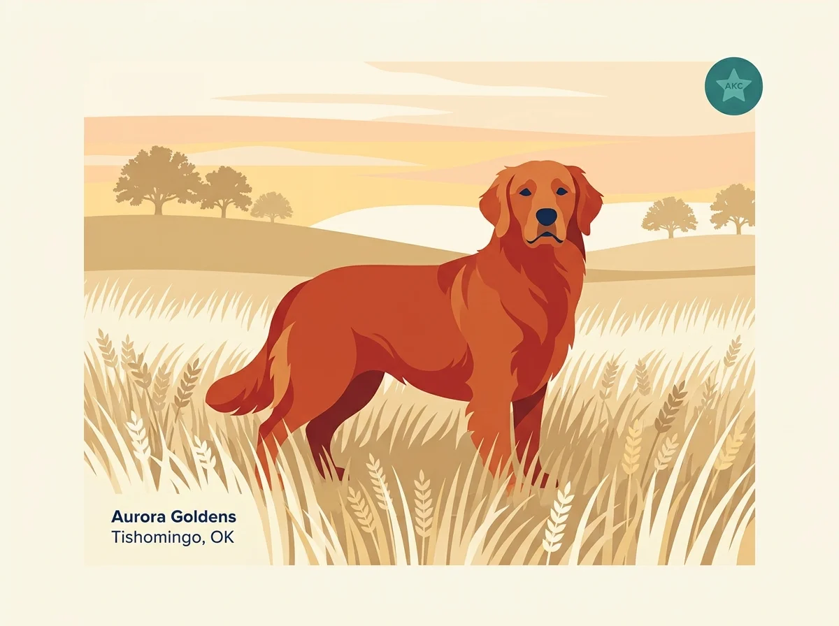 Editorial illustration card for Aurora Golden Retrievers, an AKC Breeder of Merit program in Tishomingo Oklahoma