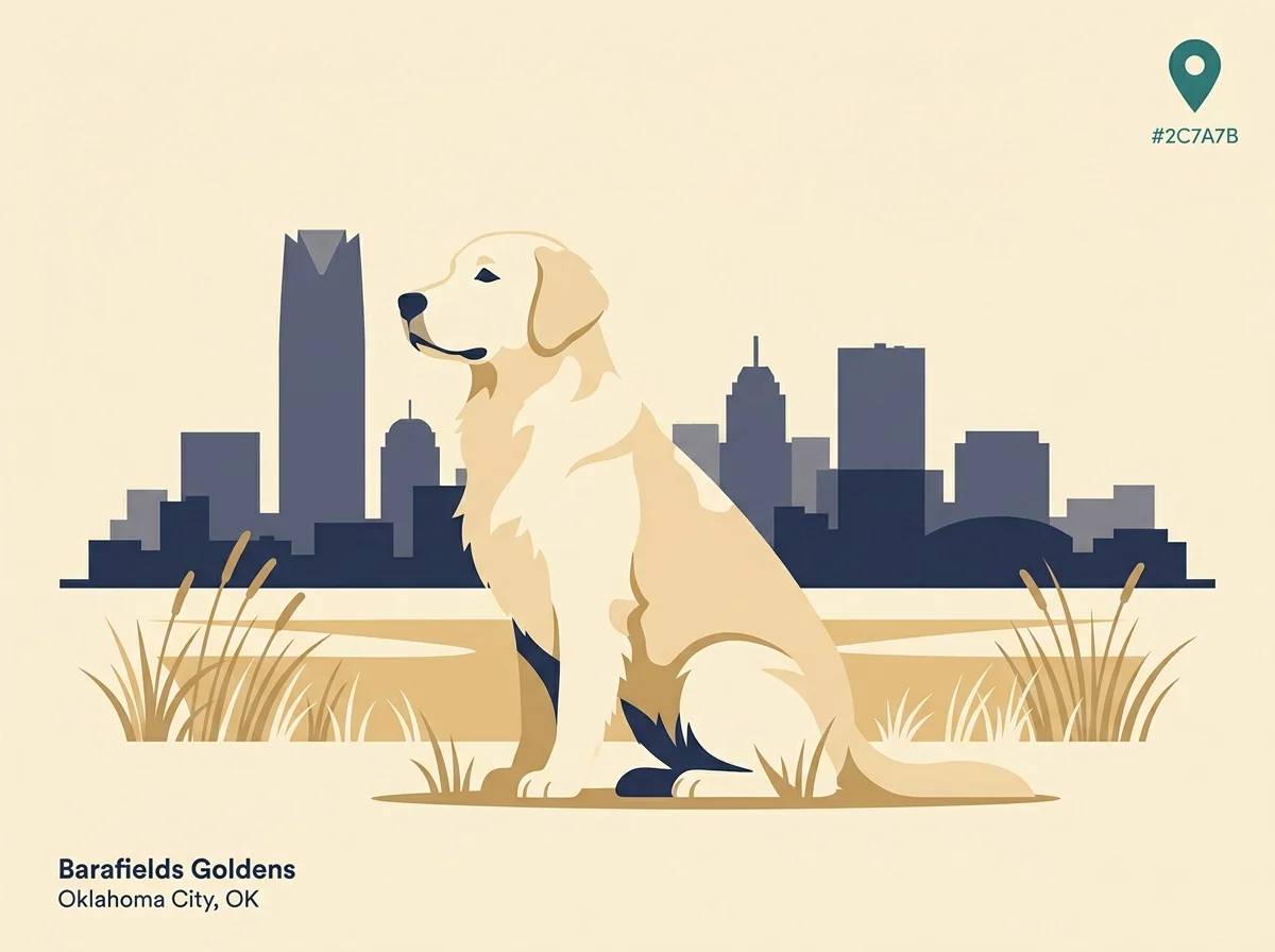 Editorial illustration card for Barafields Golden Retrievers, a British-style ethical breeder in Oklahoma City